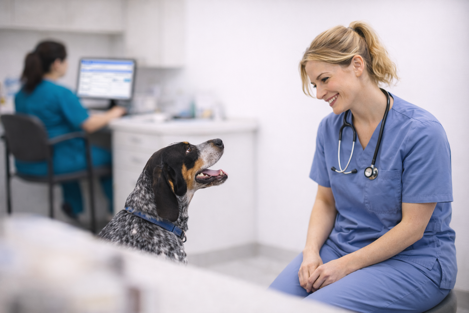 Veterinary professional using a tablet computer to review diagnostic information in a modern clinic setting