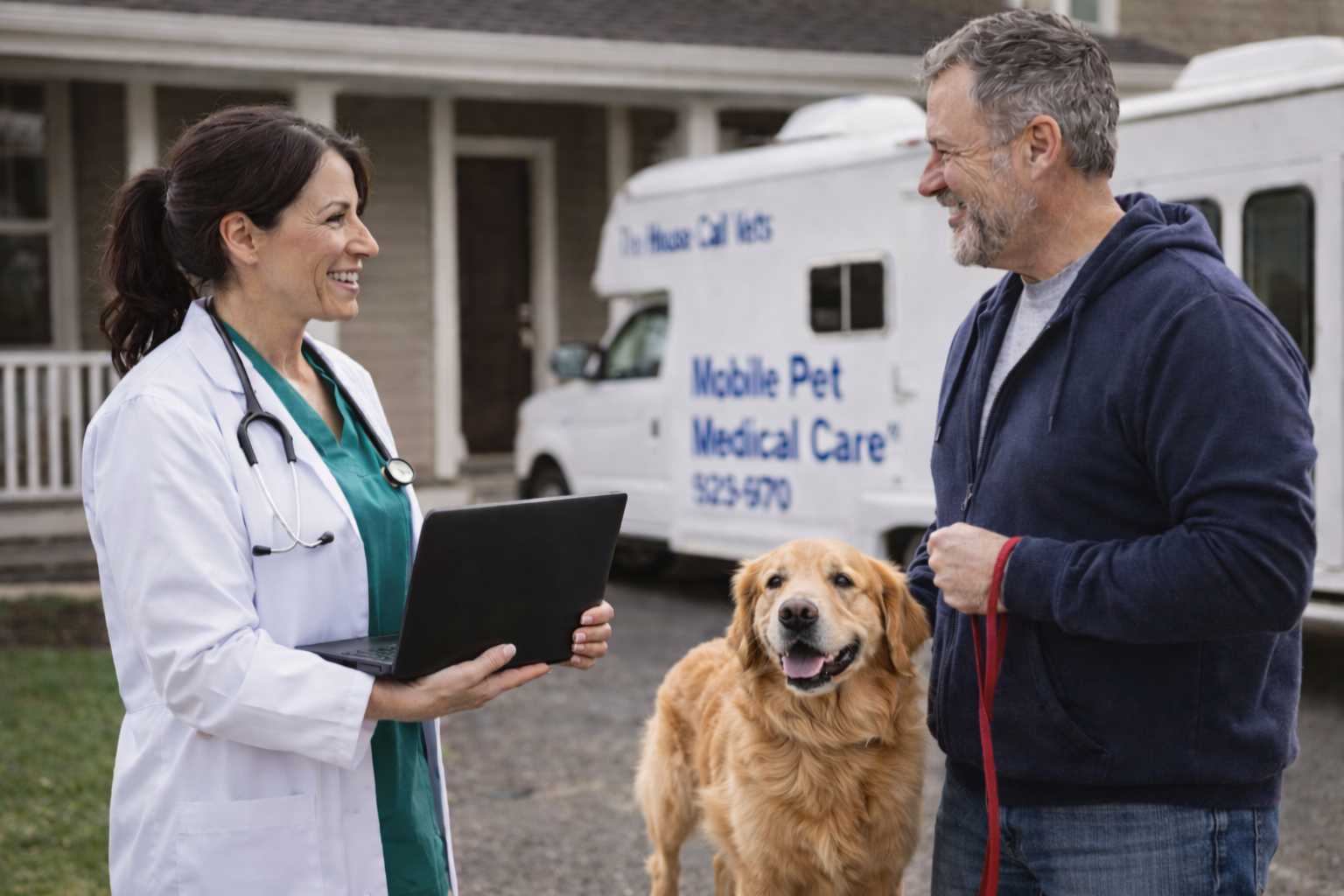 Veterinarian reviewing patient records on a laptop while a golden retriever sits patiently on the exam table